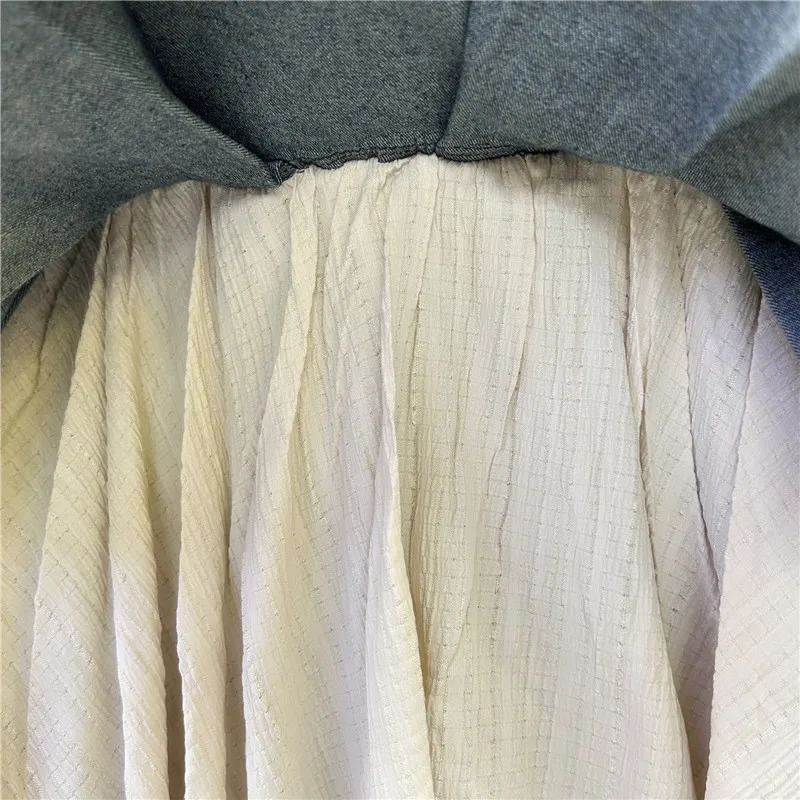 Womens denim dress summer waist patch work irregular burr edge folding ribbon short pleated mini skirt 250410