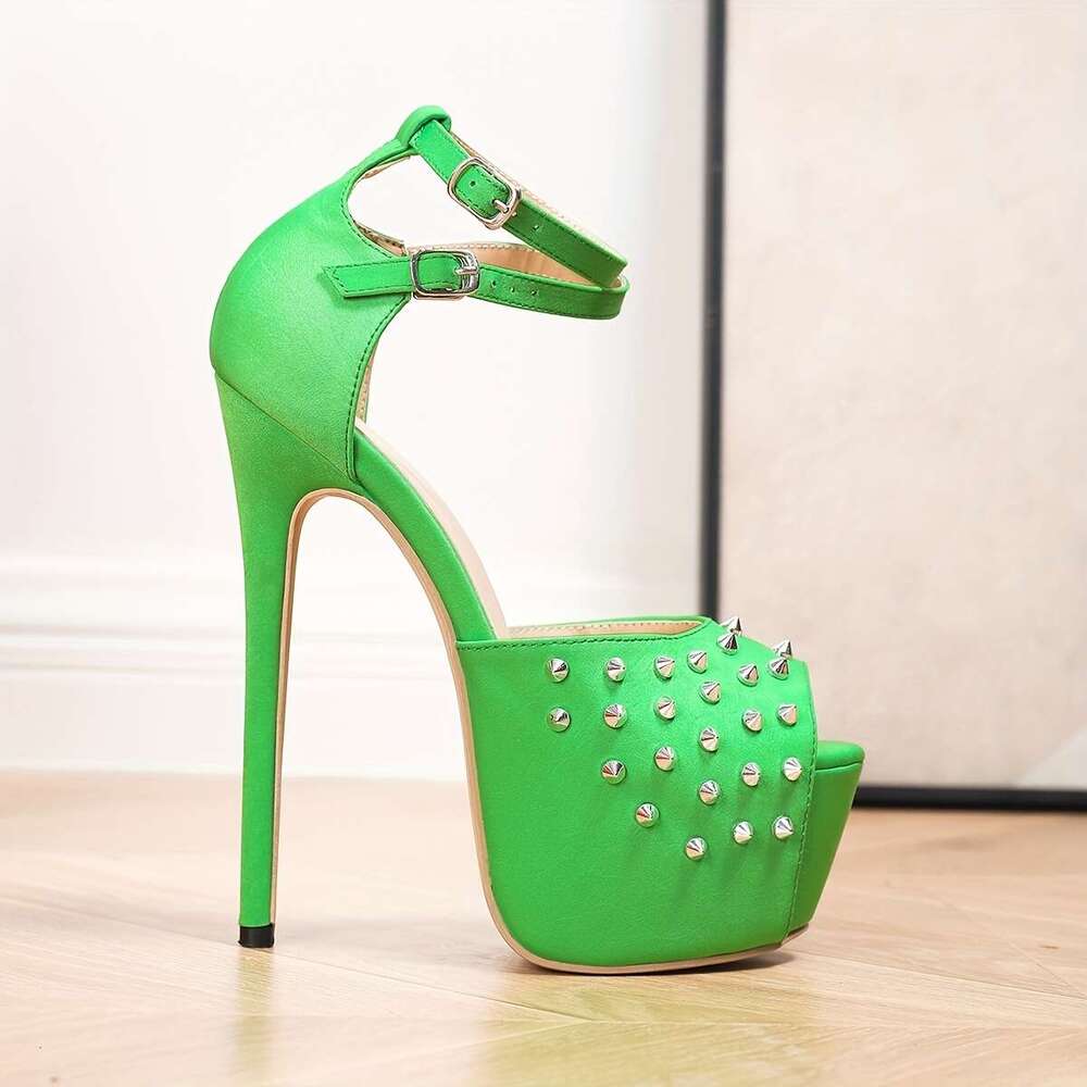 Women's Green Italian Roman Studded - 17Cm Heel, Peep Toe With Ankle Strap, Stylish Cut-Out Design, Perfect For Casual Or Party Wear, High Heel S