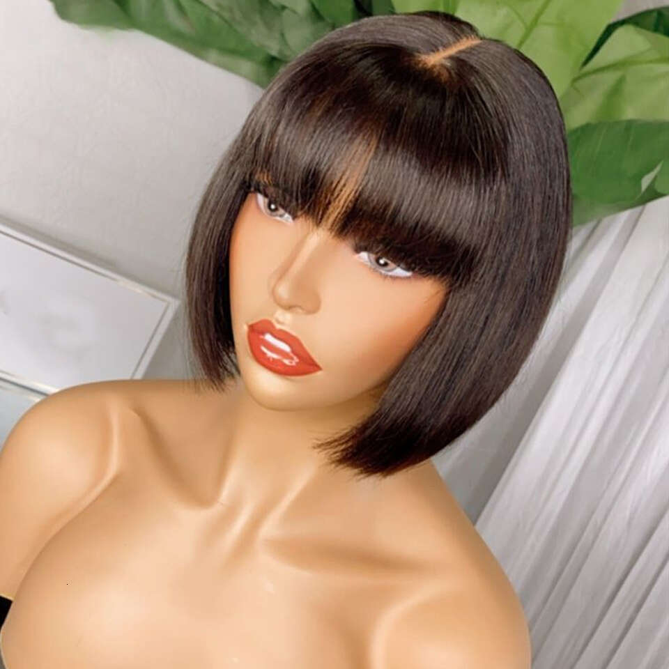 Glueless Short BOB 4X1 Lace Front - Brazilian Remy Human Hair Straight Bob With Bangs Density, No Glue Needed, Easy Wear Instant Wig Women Men | Comfo