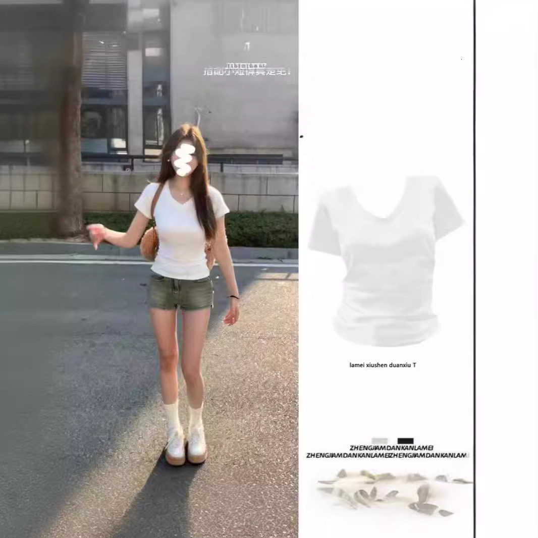 2025S Designer Women S T Shirt American V Neck Shoulder Pure Desire Black Short Sleeved T Shirt For Women S Summer New Slim Fit Spicy Girl Niche Slimm