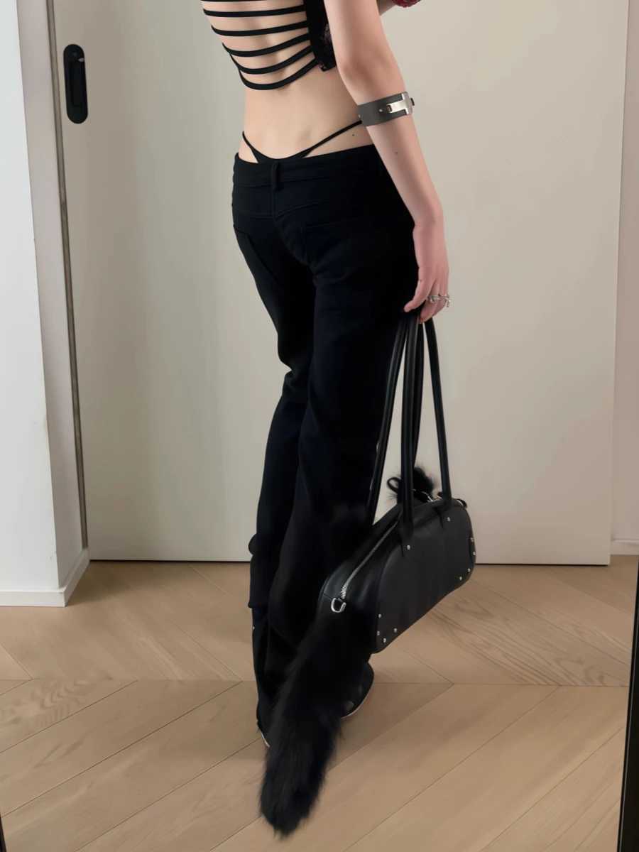 Womens Low Rise Jeans Black Flared Denim Pants Gyaru American Retro Korean Cyber Punk Trumpet Jeans Y2k Skinny Bell Bottom New C251110