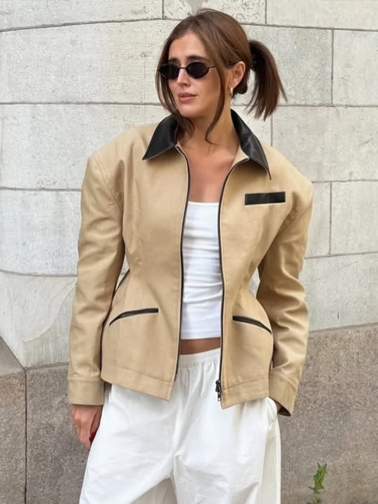 Elegant Patchwork Top For Women Turndown Collar Long Sleeve Double Slider Zipper Jacket Summer Female Commute Outerwear 251103