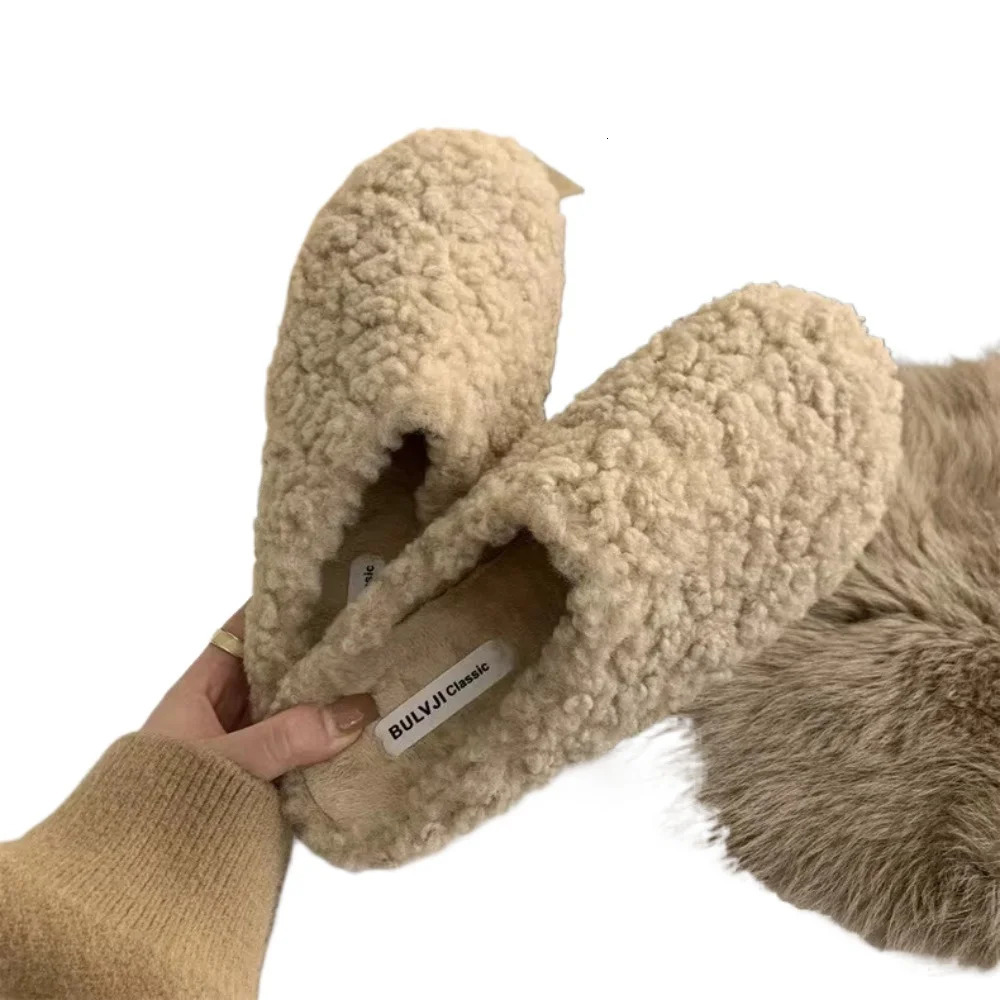 Fleeces Solid Color Furry Slippers Women Baotou Fur Flip Flops Woman Sliders Flat with Slides Warm Slippers Indoor Shoe 251107