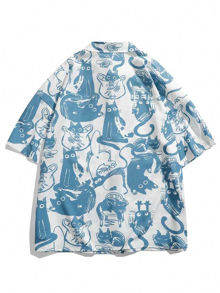 Mens Summer Casual Cartoon Full Print Knitted Shirt Personalized Street Comic Style Short Sleeve Top X250410