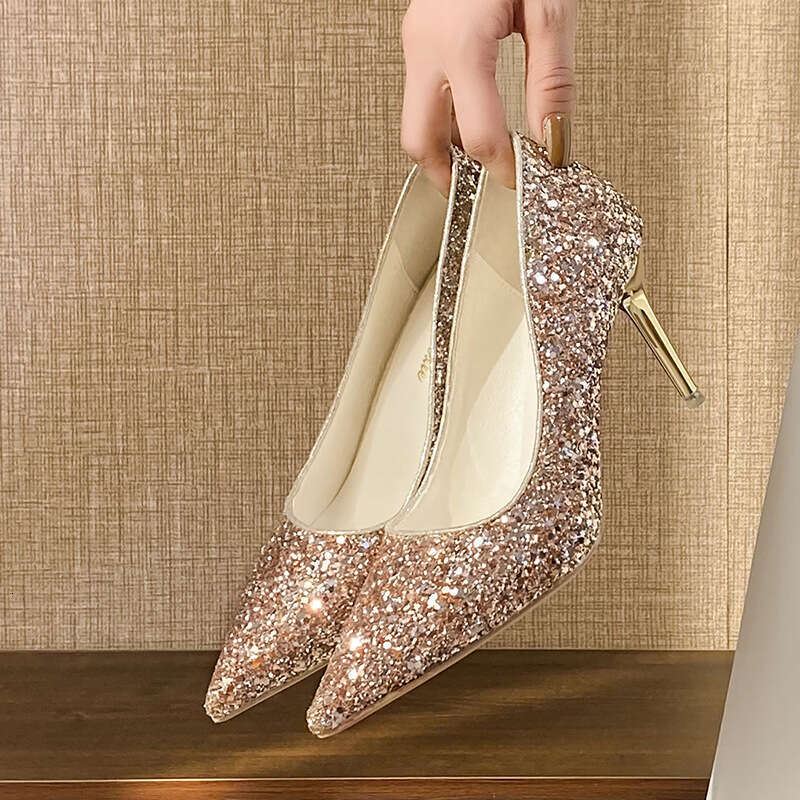 Woman Sandals Wedding Shoes Women Winter Bridal Sequined Wedding Dress Two In One Crystal Shoes New Silver Bridesmaid High Slim Heels Not Tiring For F