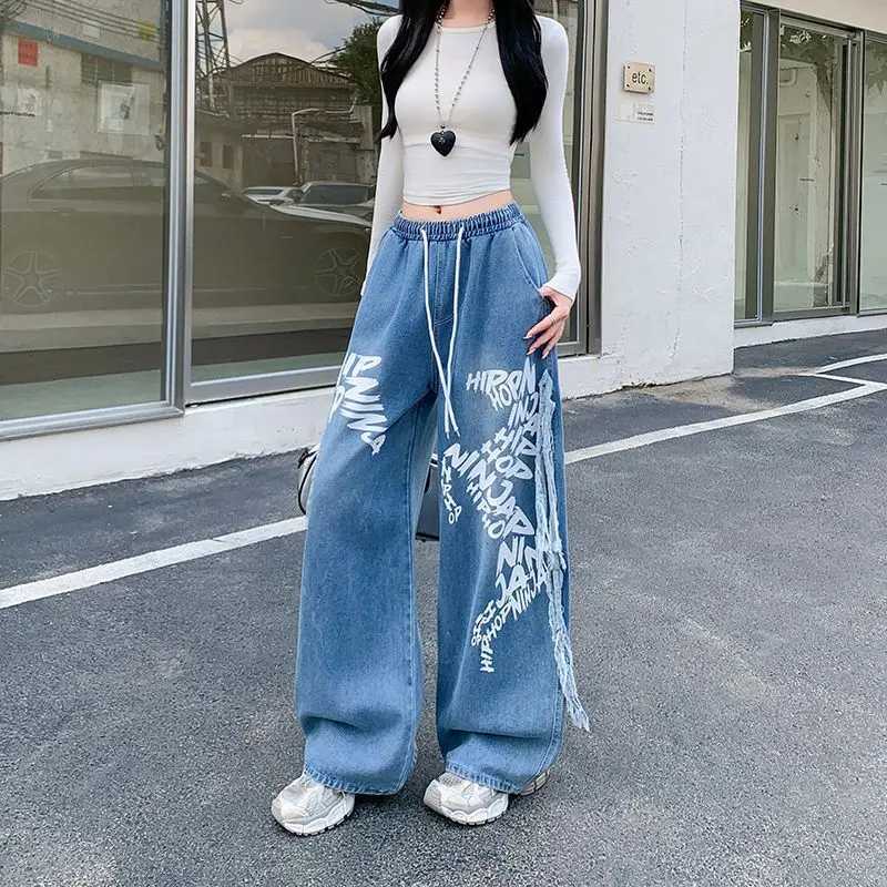 Autumn American Vintage Y2K Street Style Jeans Womens Elastic Waist Drawstring Wide-leg Long Pants Casual Graffiti 2000s Jeans C251110