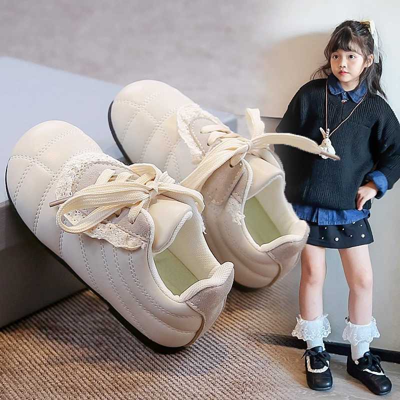 Girls Leather Shoes 1-12 Years Old Beige Lace Childrens White Shoes Four Seasons Models Black Soft Bottom Non-slip Kids SneakersT251110