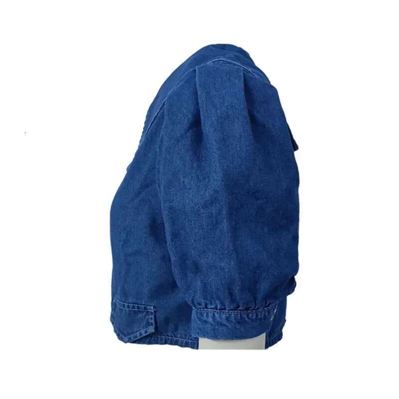 Women Sailor Neck Short Denim Jacket Summer Bubble Short-Sleeve Outerwear Single-Breasted Cardigan Coat Female Casual Streetwear