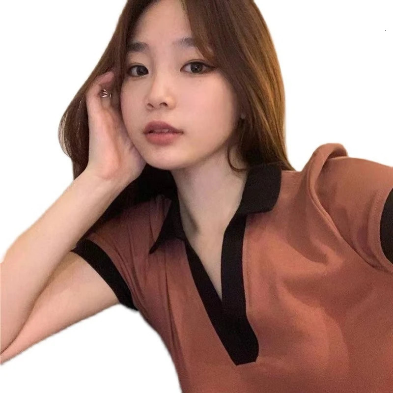 2025 Summer Fashion Y2K T-shirt Woman Patchwork Polo Tee Shirt Femme Sexy OL Clothes Women Short Sleeve V-neck Tshirts Tops 250410