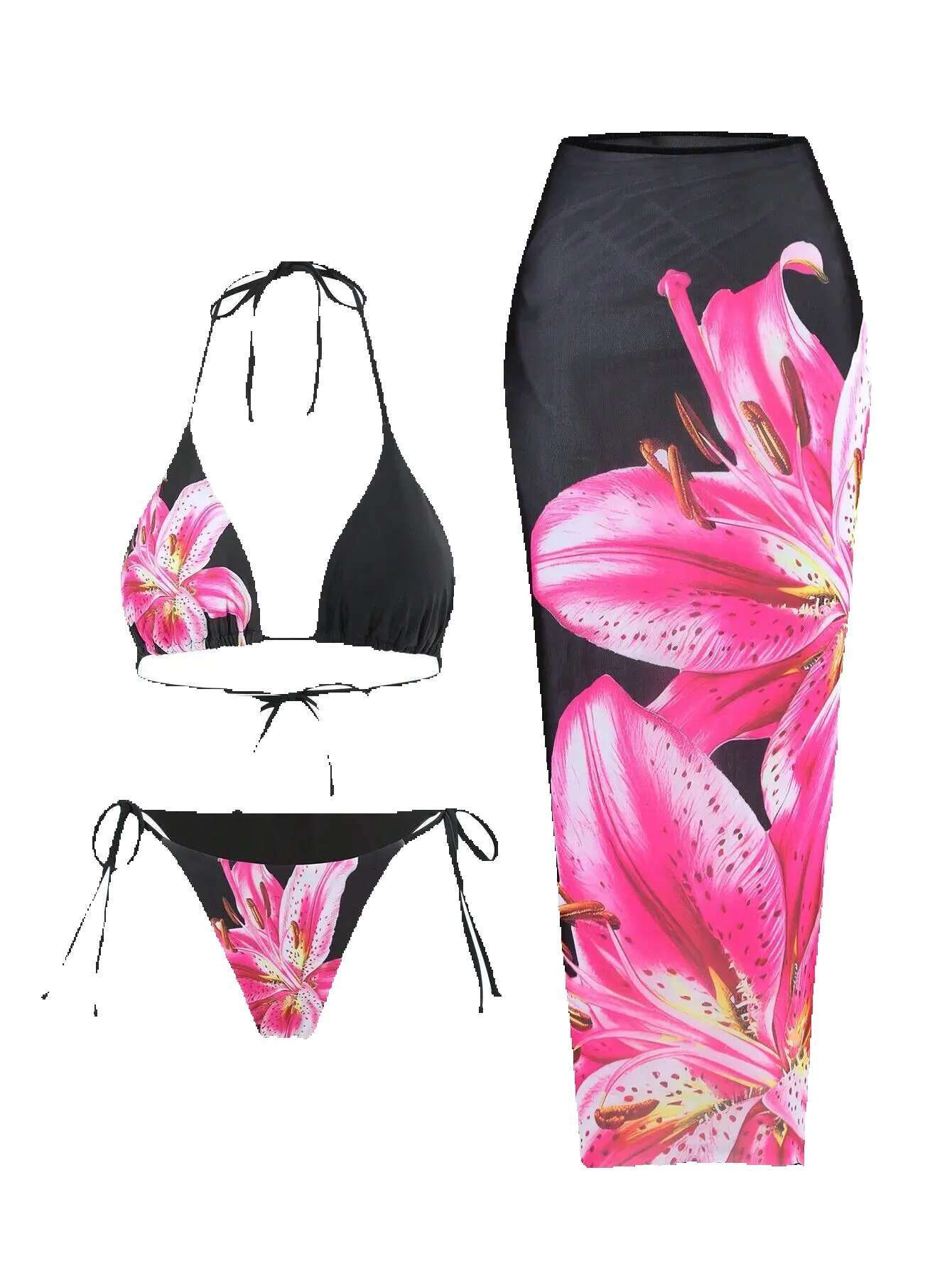 3-piece printed swimsuit, sexy, mini, triangular, bare back, tango underwear, high waist, long, women's, beachwear, new series 2025