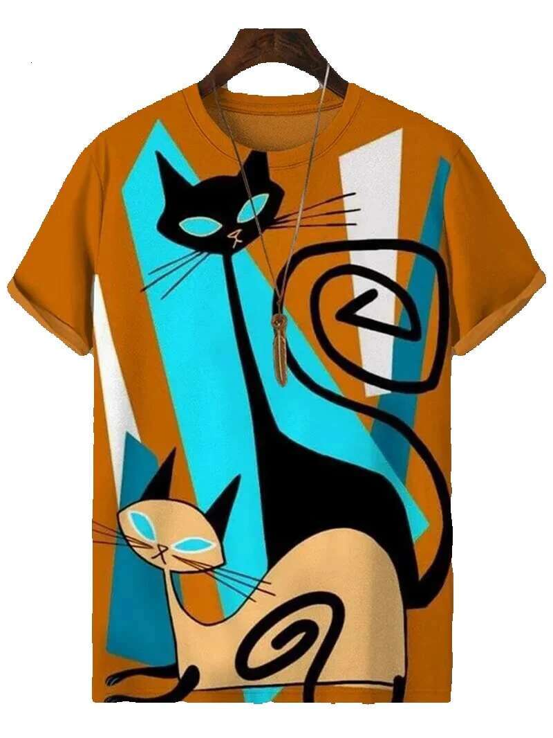 Interesting cat pattern for men, fashionable summer short sleeved round neck 3D printed children's T-shirt, casual oversized Haruku T-shirt