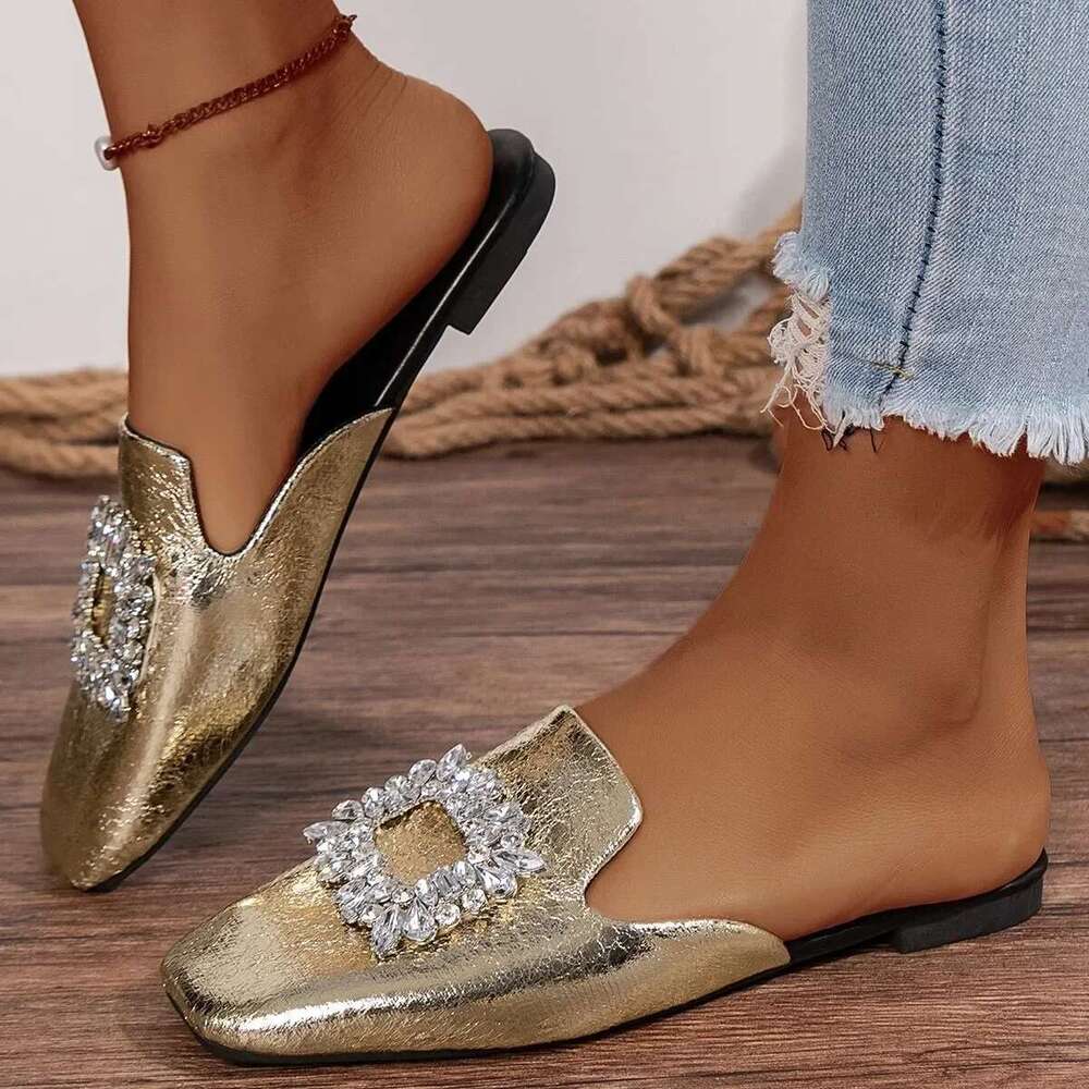 New 2025 Summer Square Toe Flat Rhie Buckle Mules Outdoor Women's Light Casual Slippers