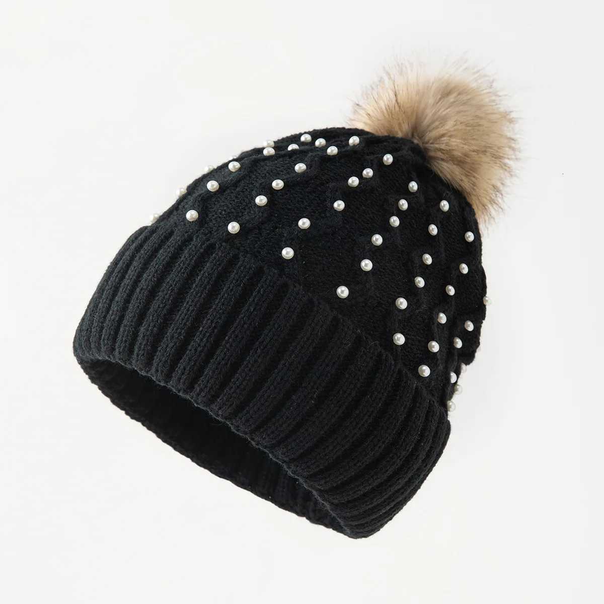 Womens Winter Beanie with Pearls and Pom Pom Elegant Embellished Design Soft Warm Knit Skull Cap for Cold WeatherXJ251110