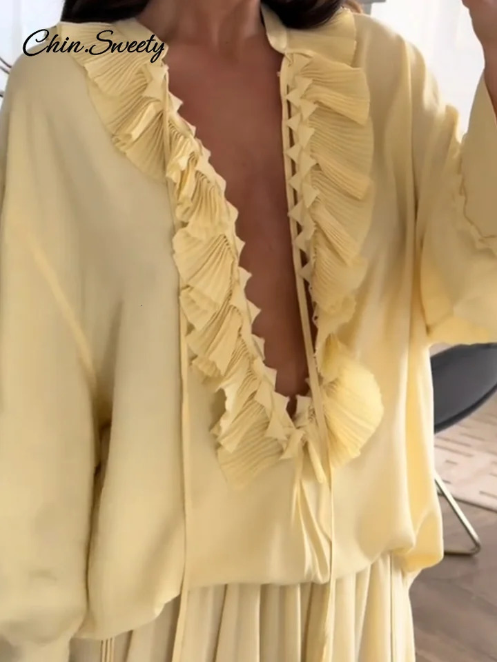 Spring Yellow Long Skirt Suit Women 2 Pieces V-neck Lace Up Ruffles Shirts Pleated Skirt 2025 Elegant Lady Vacation Beach Outfit 250409