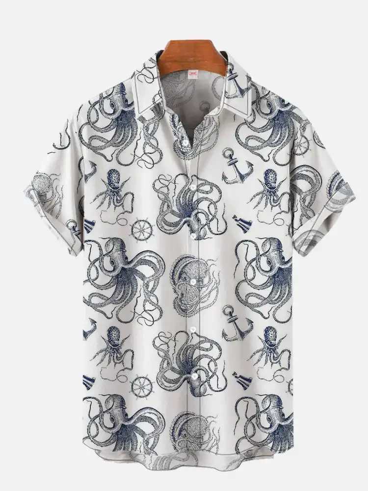 Summer mens octopus print shirt short sleeved Hawaiian beach animal cartoon pattern casual shirt X250410