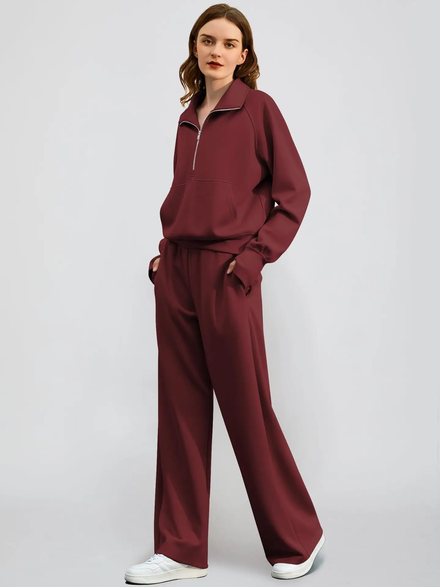 Woman Solid Color Half Zip Long Sleeve Sweatshirt and Wide Leg Pants Set Casual Sporty Two Piece Outfit 251110