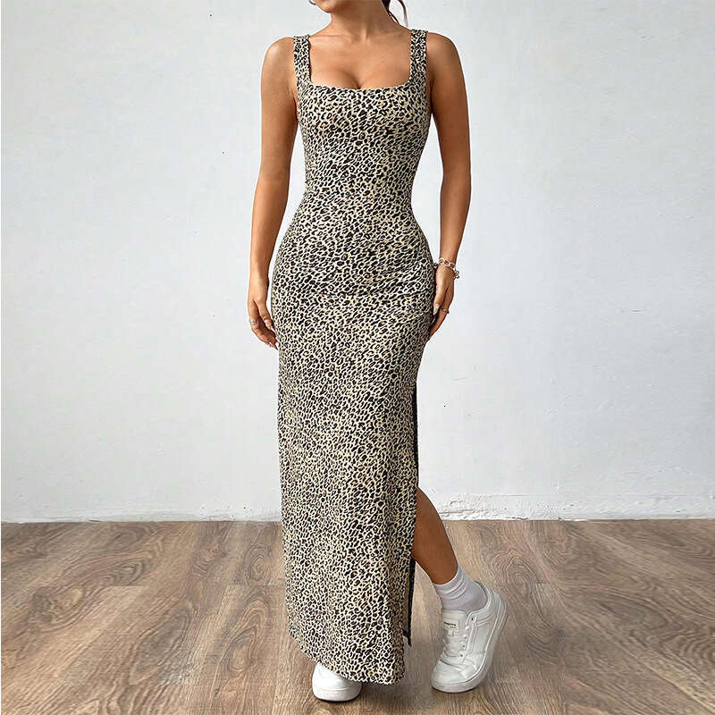 Rui Chuo Cross-Border European and American Sexy Leopard Print Strap 2025 Summer Foreign Trade Tight One-Step with Slit Long Dress