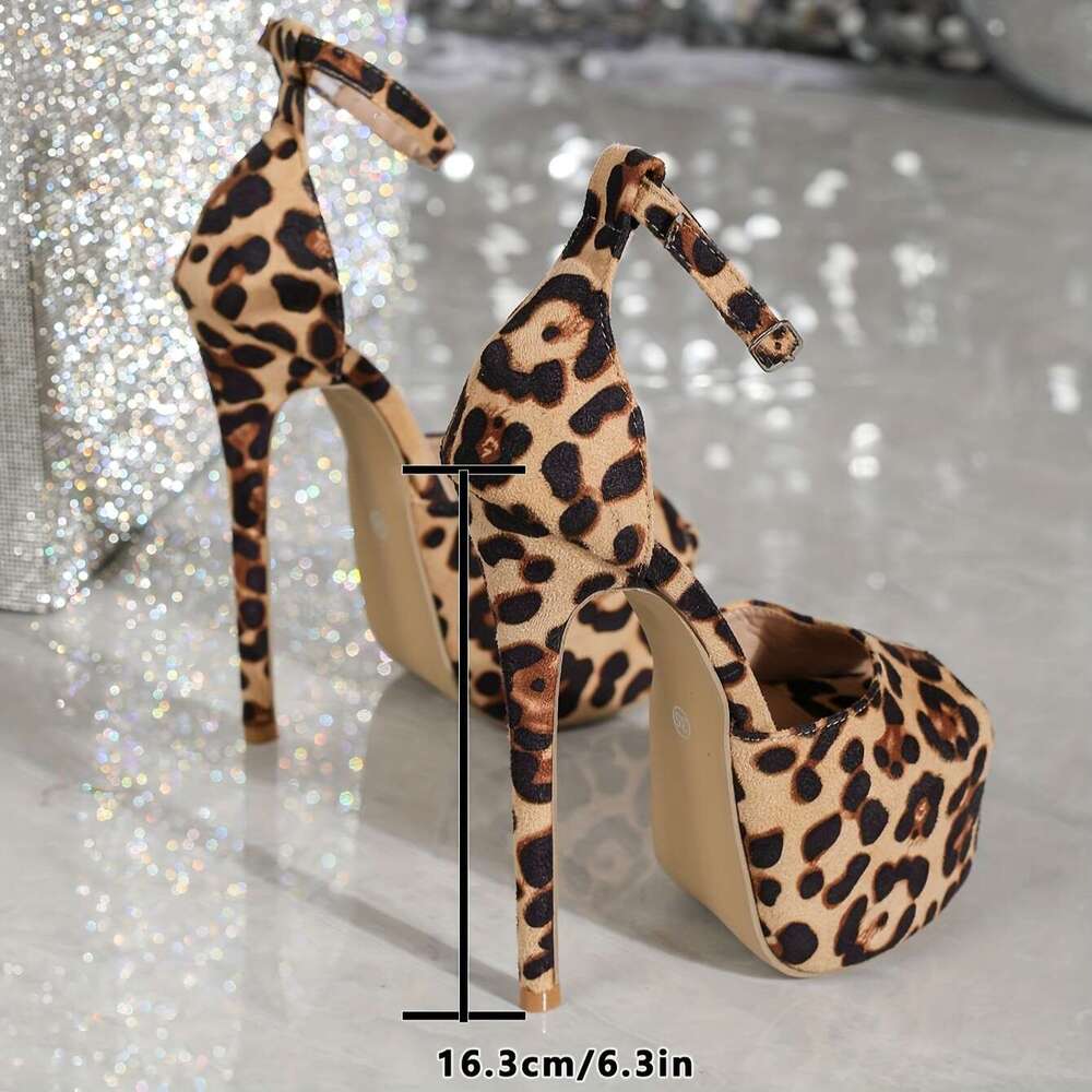 Women's Leopard Print Peep Toe Ankle Strap Stilettos, High Heel Platform Pumps, Glamorous Party Nightclub Shoes