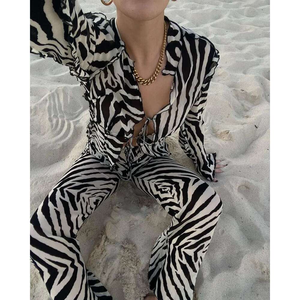Cryptographic Animal Print Mesh Sheer Stripe Tie Front Detail Top Matching Fashion Outfits 2 Piece Sets Holiday Beachwear