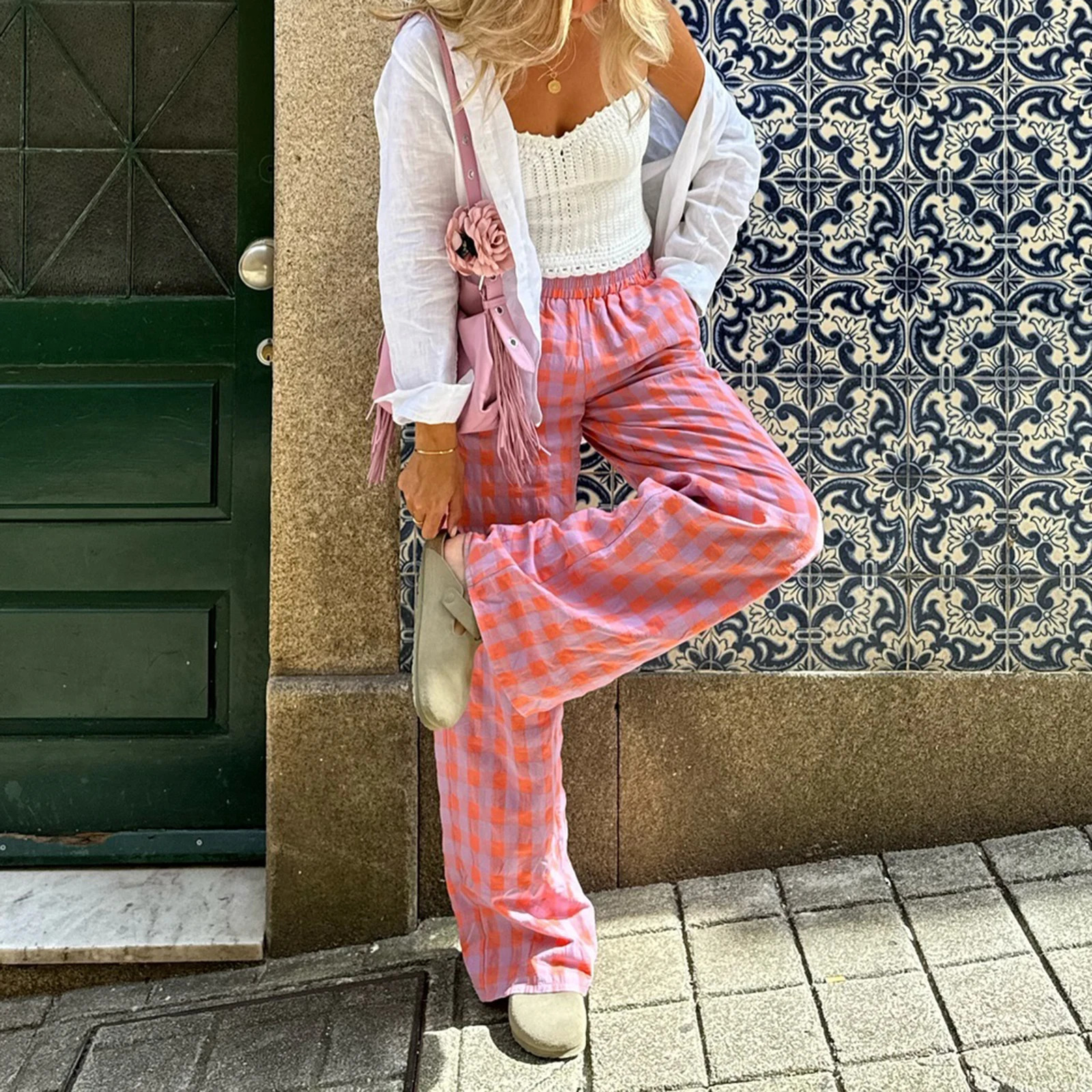 Combhasaki Womens Y2K Vintage Plaid Print Long Pants Elastic High Waist Wide Leg Loose Casual Aesthetic Trousers with Pockets 250409