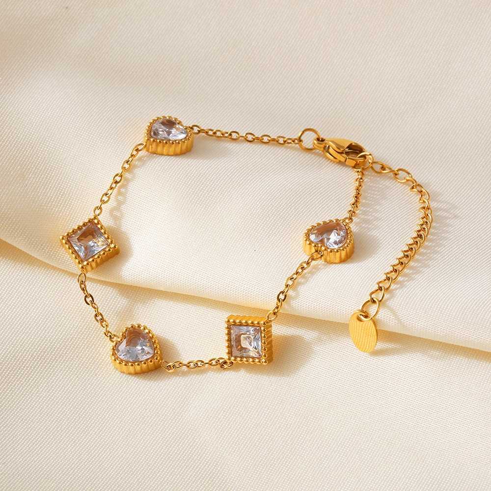 Colorful Square And Heart Zircon Bracelet For Women 18K Gold Plated No Tarnish Charm Womens Stainless Steel Braccelets JewelryT251110