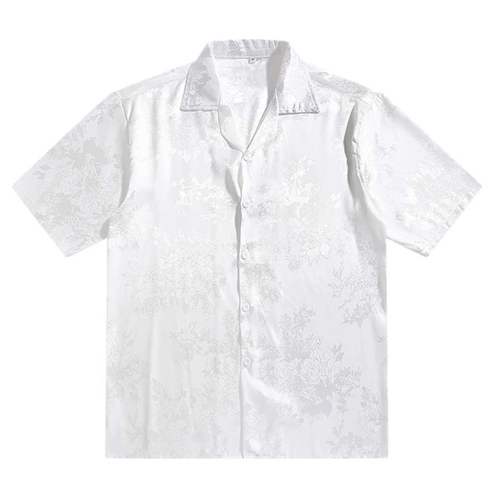 Cuban collar flower jacquard retro mens shirt satin soft cool material mens unisex clothing white beige black X250410