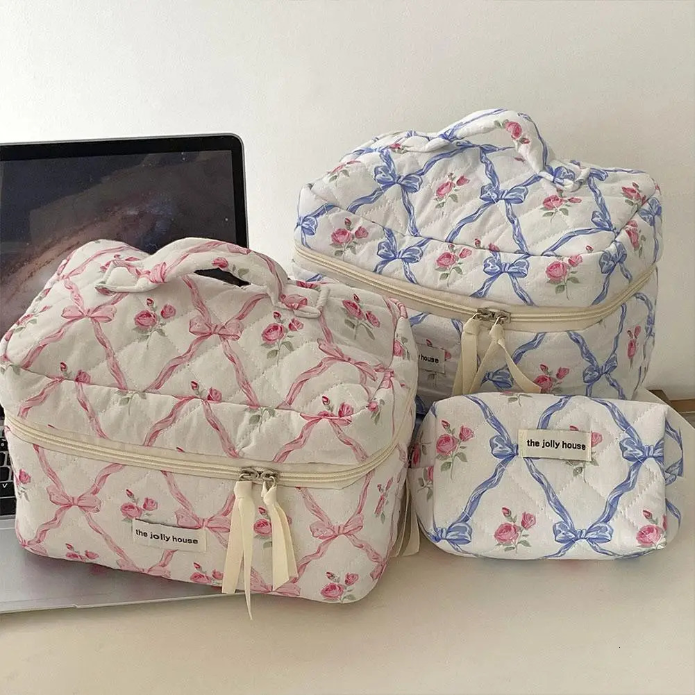 Cute Bow Flower Quilting Makeup Bag Women Zipper Cosmetic Organizer Female Cloth Handbag Portable Toiletry Case 251110