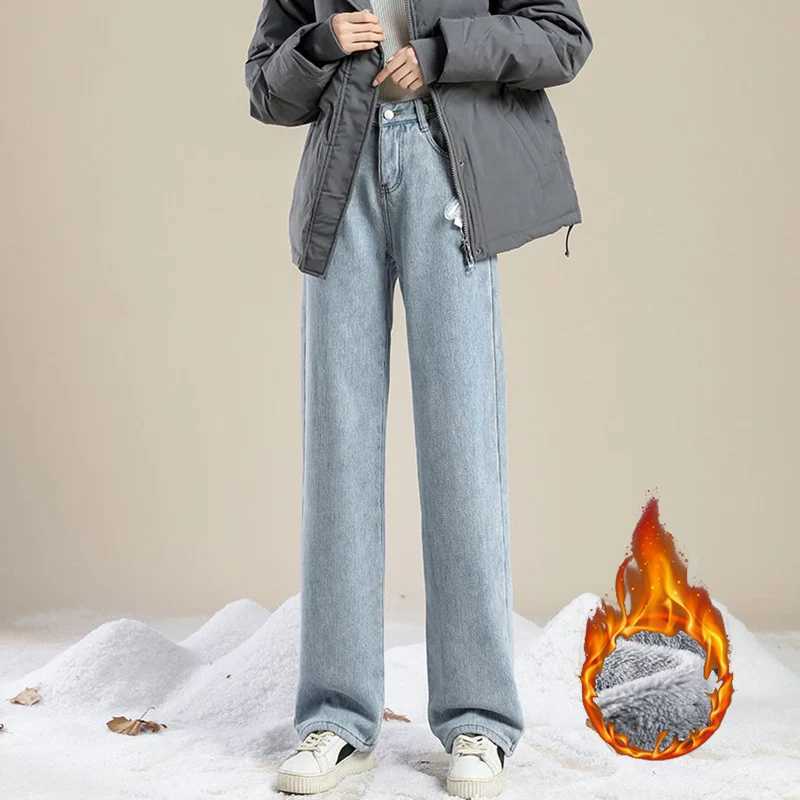 Winter Lady Solid Plush Thermal High Waist Jeans Girls Snow Warm Fleece Denim Pants Women Baggy Straight Leg Casual Trousers C251110
