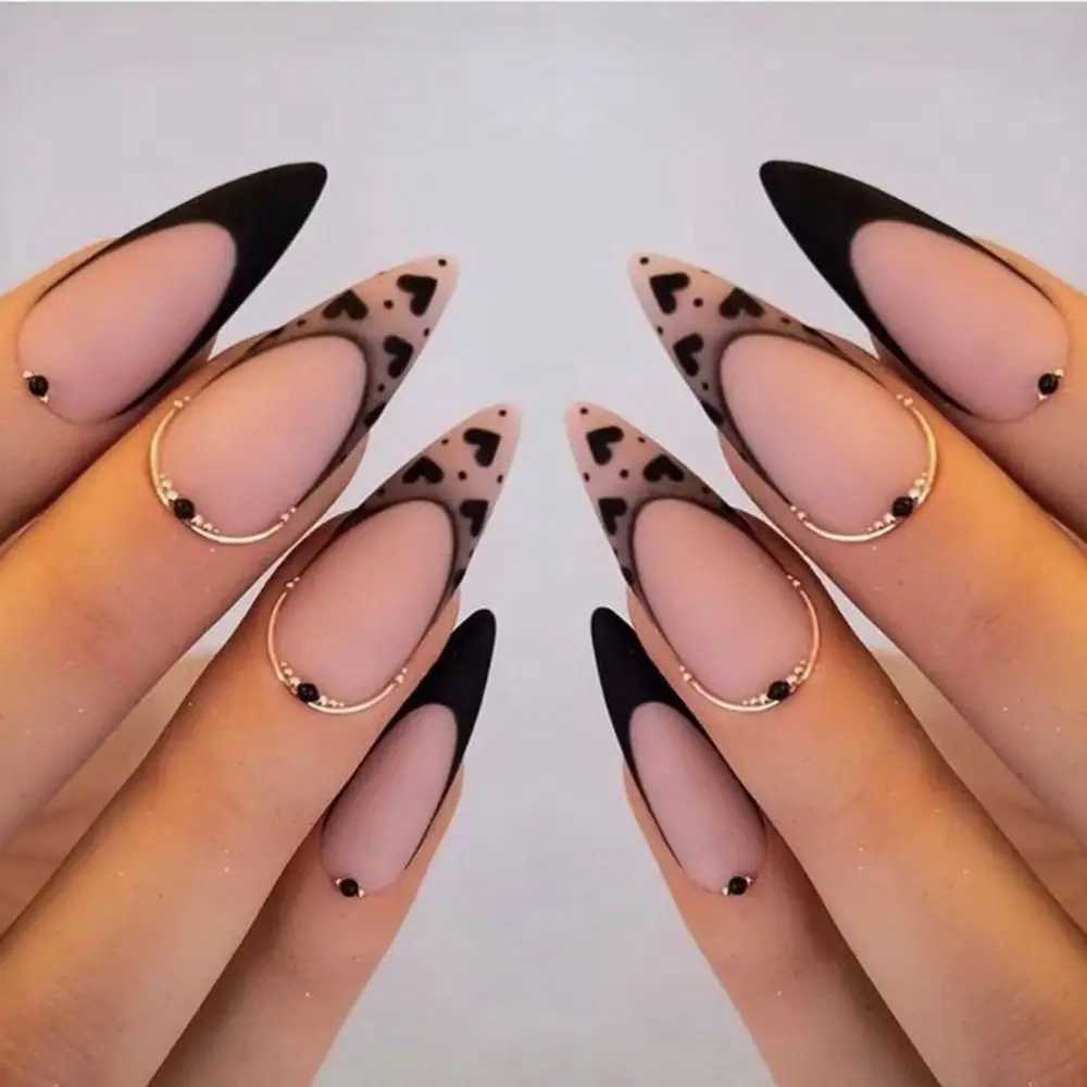 24 pieces/set of long thin high-heeled fake nails with punk snake patterns black and white matte fake nails artificial full nail tips handmade tools W