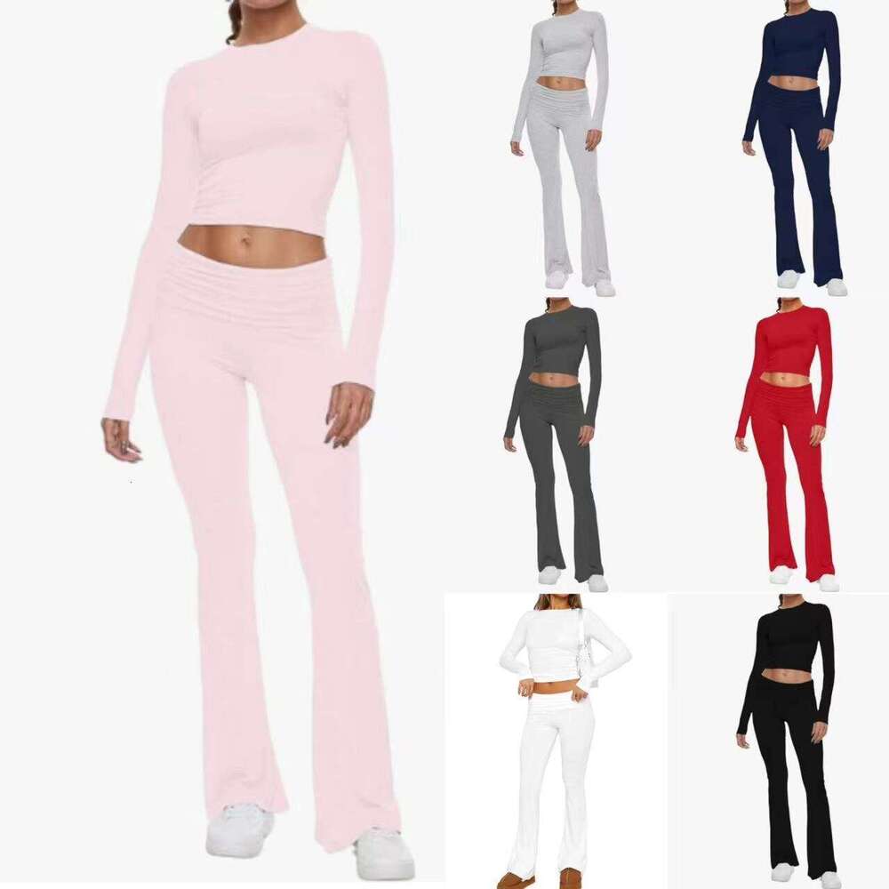 2024 Amazon Fast Selling New European and American Women's Fashion Round Neck, Short, Slim Fit, Low Waist, Flared Pants Set