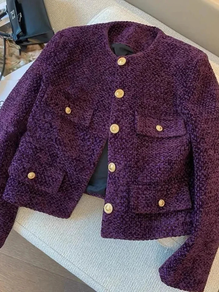 Jmprs Purple Retro Tweed Jacket Women Fall Winter O Neck Long Sleeve Short Coat Korean Casual Elegant Vintage Female Slim Tops 251110