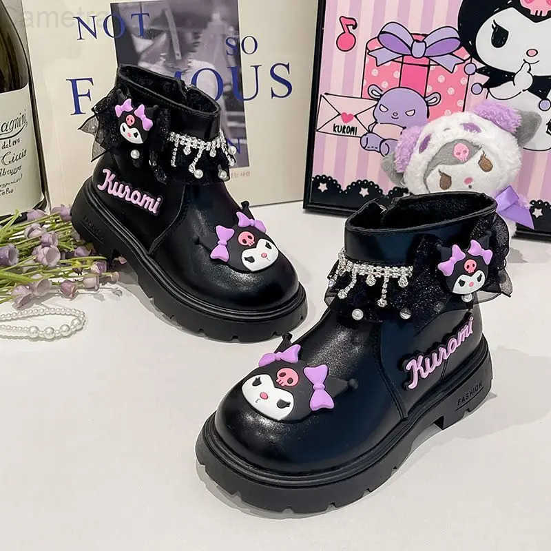 Sanrio Kid Princess Shoes Cute Kuromi Soft Sole Girls Leather Boots Non-Slip Autumn Winter New Children Short Boots Cotton Shoes H251110