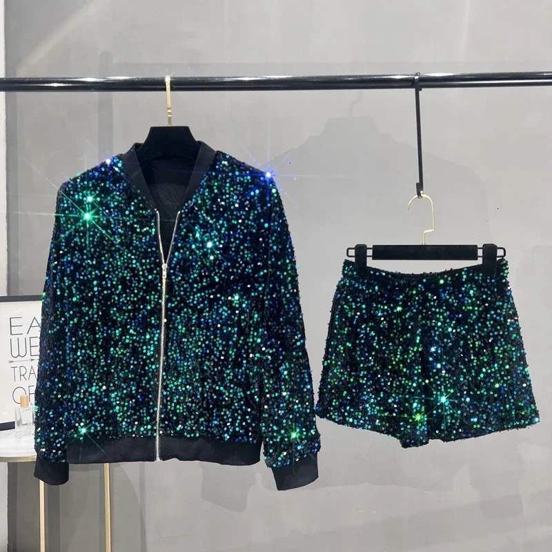 High quality sequin jacket womens jacket zipper top baseball uniform casual version thin two-piece womens fashion 250409