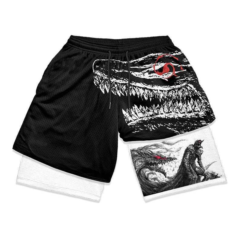 Mens 2-in-1 Running Shorts Anime Graphic Sports Gym Exercise Shorts with Compression Inner Pocket for Summer Quick Drying and Stretching W250410