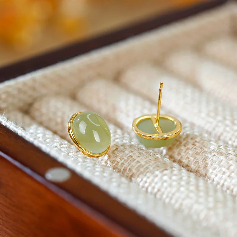 S925 pure silver inlaid with natural Hetian jade earrings with a simple gold-plated retro earring surface fully matched 250407