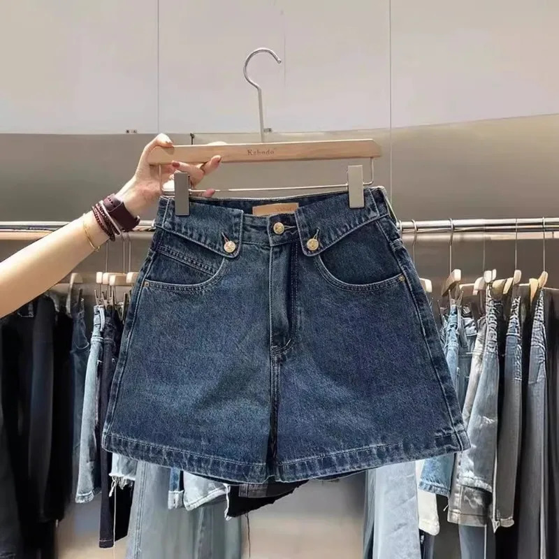 Summer denim shorts womens fashion paradigm high waist loose straight leg casual mid long leg wide leg retro pants 250410