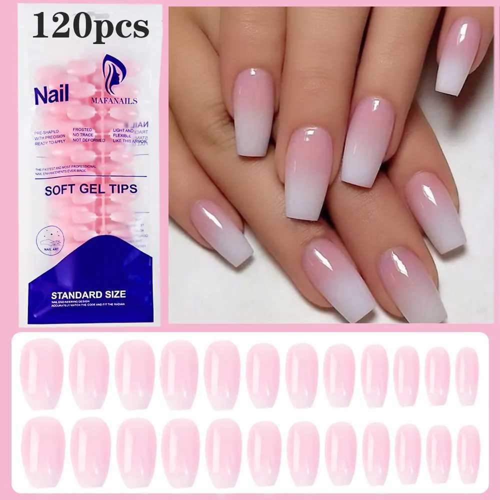 20 pieces of pink Ombre coffin press machine nails smooth handmade acrylic fake nails with gradient design at the tip artificial fake nails W250410