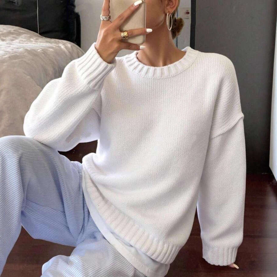 Lazy Style Foreign Trade Round Neck Thickened Solid Color Knitted Women Autumn Winter European Goods Pullover Long Sleeve Sweater Top