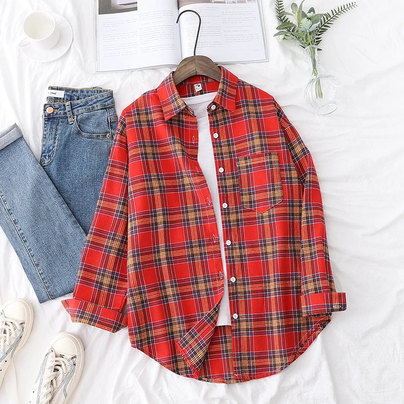 Fashion Loose Womens Plain Shirt Fresh University Style Shirt and Top Long Sleeve Casual Womens Checkered Clothes 250409