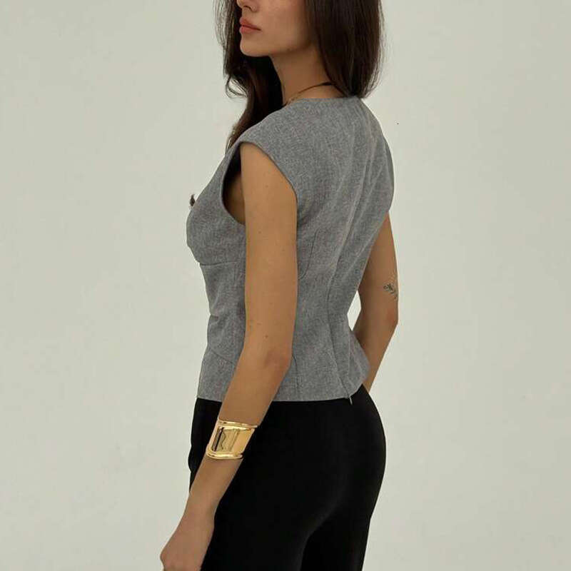 2025 European and American Cross-Border Independent Station Amazon Solid Color Small Vest Women's Elegant Sleeveless Waist-Cinching Pullover Top 