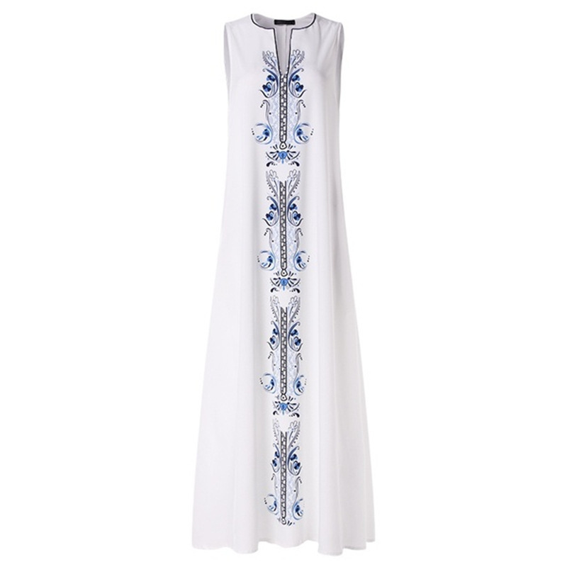 New women's printed V-neck sleeveless pocket insert summer dress