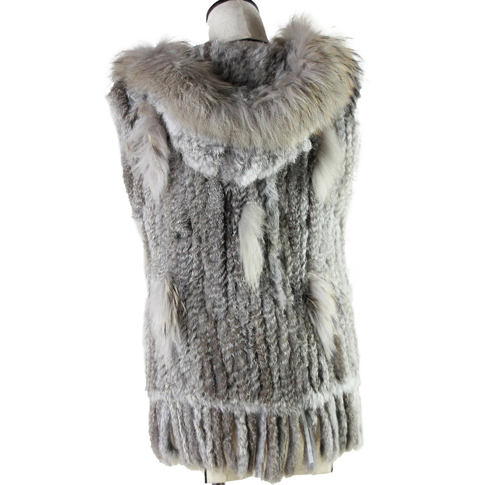 Harppihop fashion rabbit fur vest raccoon trimming knitted with hood waistcoat gilet 251110