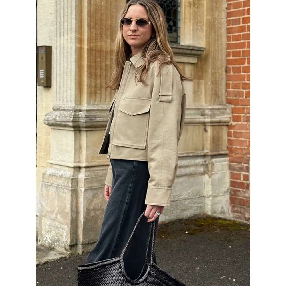 Vintage Women's Short Jacket Pockets Zipper Full Sleeve Khaki Green Thick Coats 2025 Spring Autumn Lady Loose Street Outwear