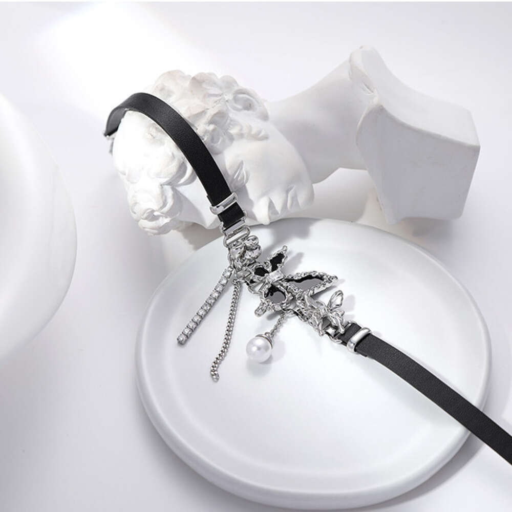 Butterfly Pearl for Women, Light Luxury Wholesale, High-End New Chinese Style Black Leather Choker, Hip-Hop Trendy Versatile Necklace
