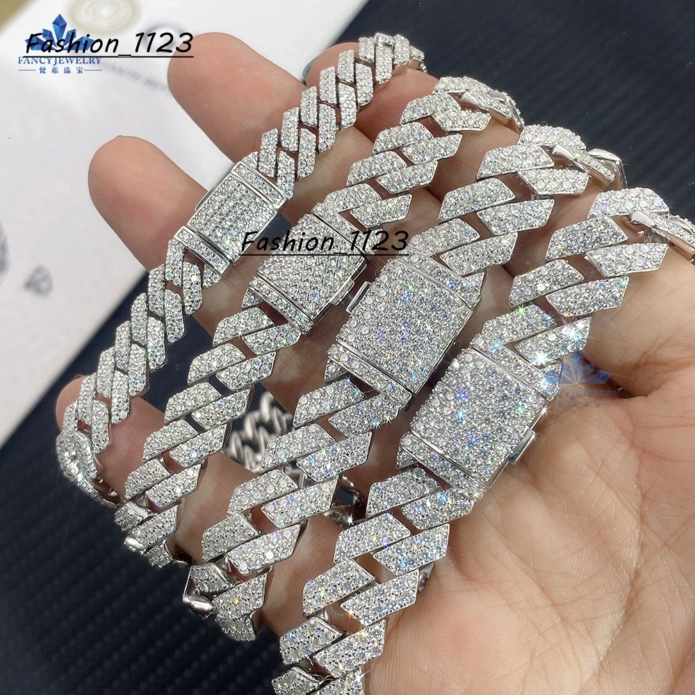 Custom Luxury 8MM 10MM 12MM 7 Inches Full Iced Out Hiphop Moissanite Diamond 925 Silver Cuban Link Chain Bracelet for Men