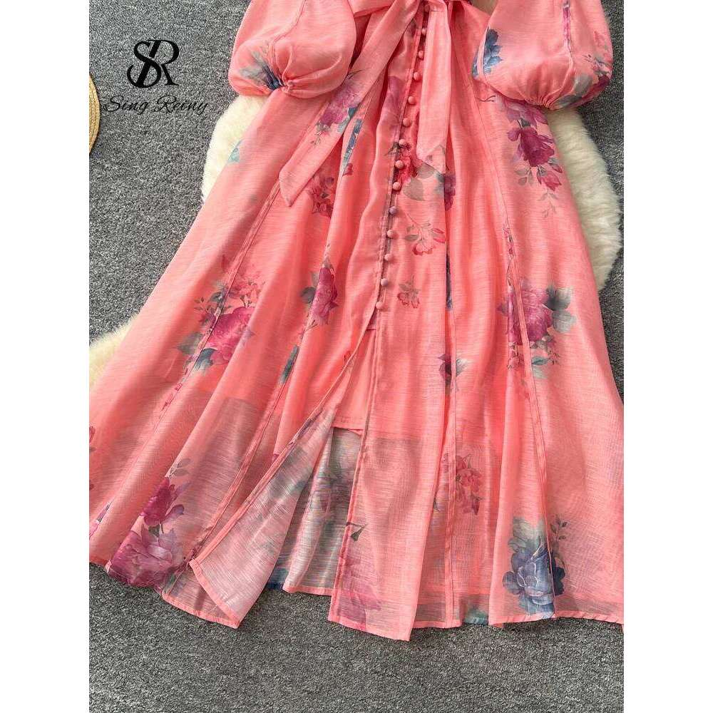 SINGREINY French Style Court Floral Maxi Lantern Sleeve Belt Slim High Quality 2025 Autumn Fashion Luxury Party Dresses