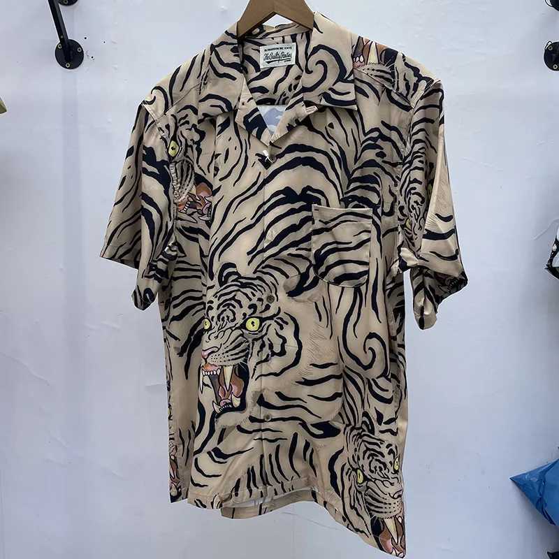 Tiger Print Top T-shirt Retro Collar Hawaii WACKO MARIA Shirt Mens Summer Style High Street Short Sleeve X250410