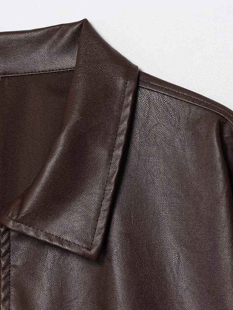 European and American autumn womens retro loose casual temperament simple belt pocket leather jacket 251103