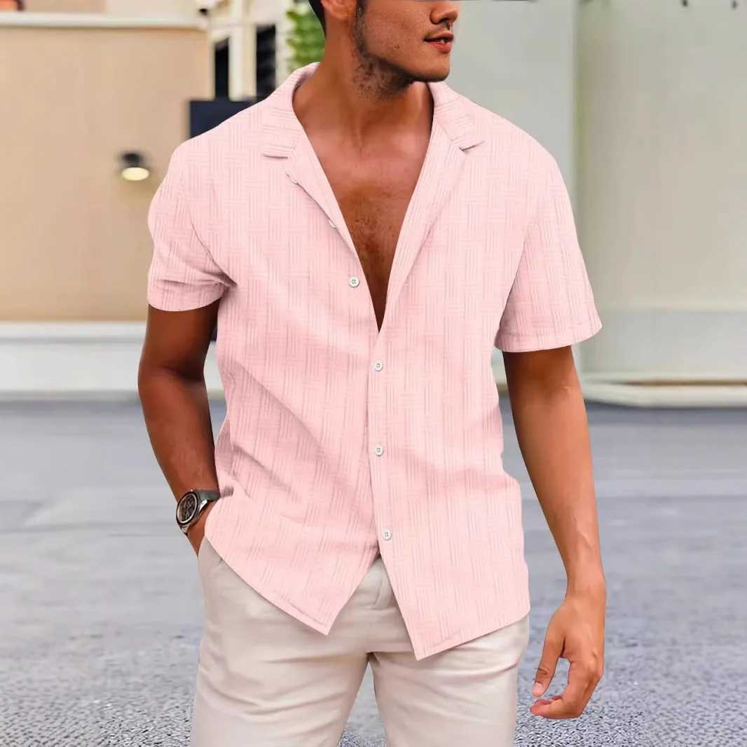 Summer new casual short sleeved shirt fashion trend solid color lapel jacquard short sleeved sports button top X250410