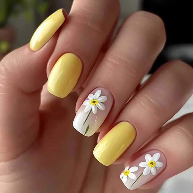 24 yellow flowers pressed on nails pink gradient fake nails smooth artificial fingers ergonomic reusable fake nails for women W250410